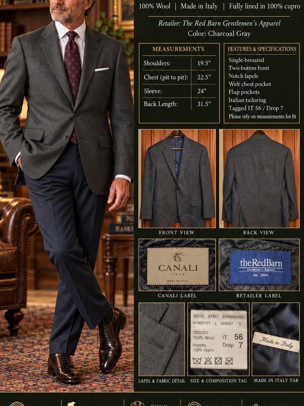 Canali 1934 Charcoal Gray 100% Wool Sport Coat EU 56 / US 46 Made in Italy
